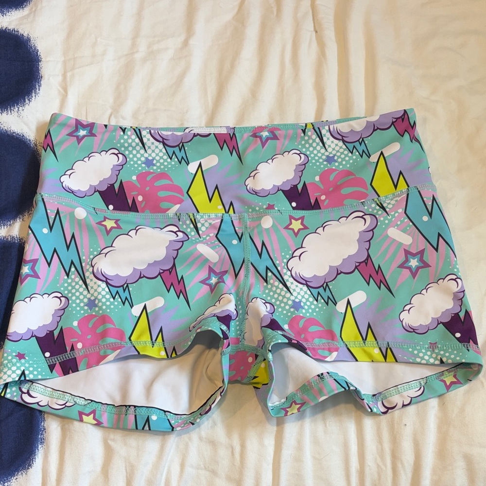 RXBB Cloud & Lightning Print Athletic Shorts - Pastel Aqua Pink Purple